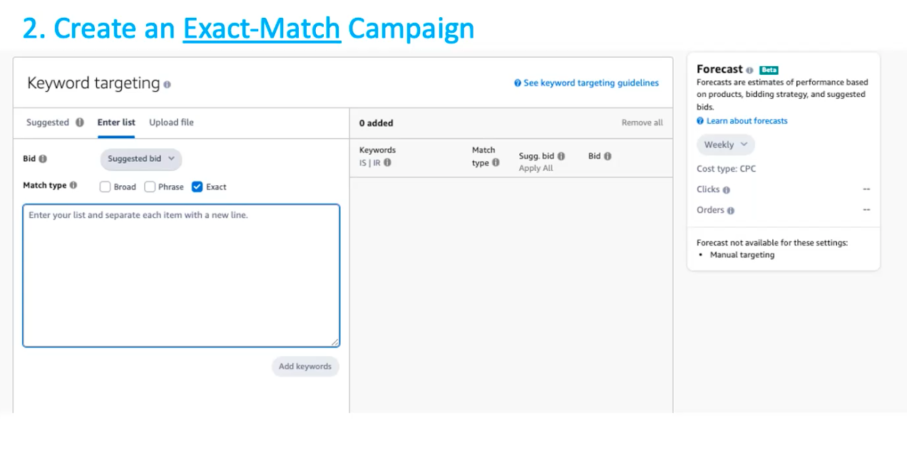 create an Exact keyword Campaign on Amazon