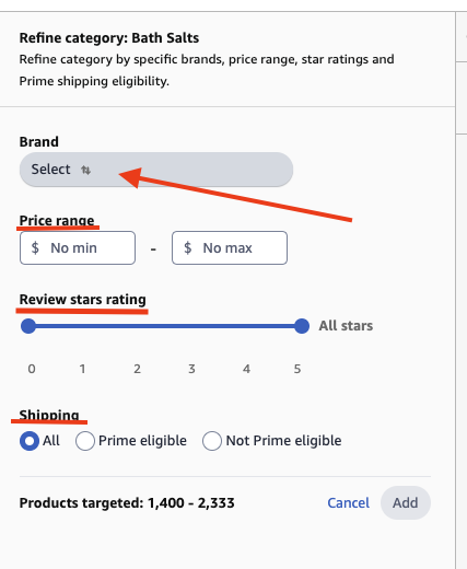 Amazon brand targeting refined by price range and reviews ads console screenshot