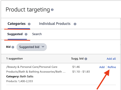 brand targeting in amazon ppc sponsored product categories targeting screenshot seller central