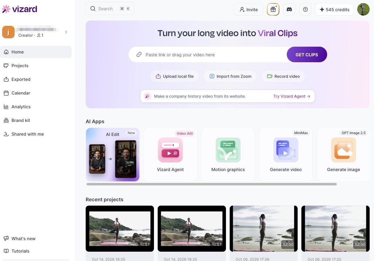 Vizard AI clipping tool dashboard for turning long videos into short clips